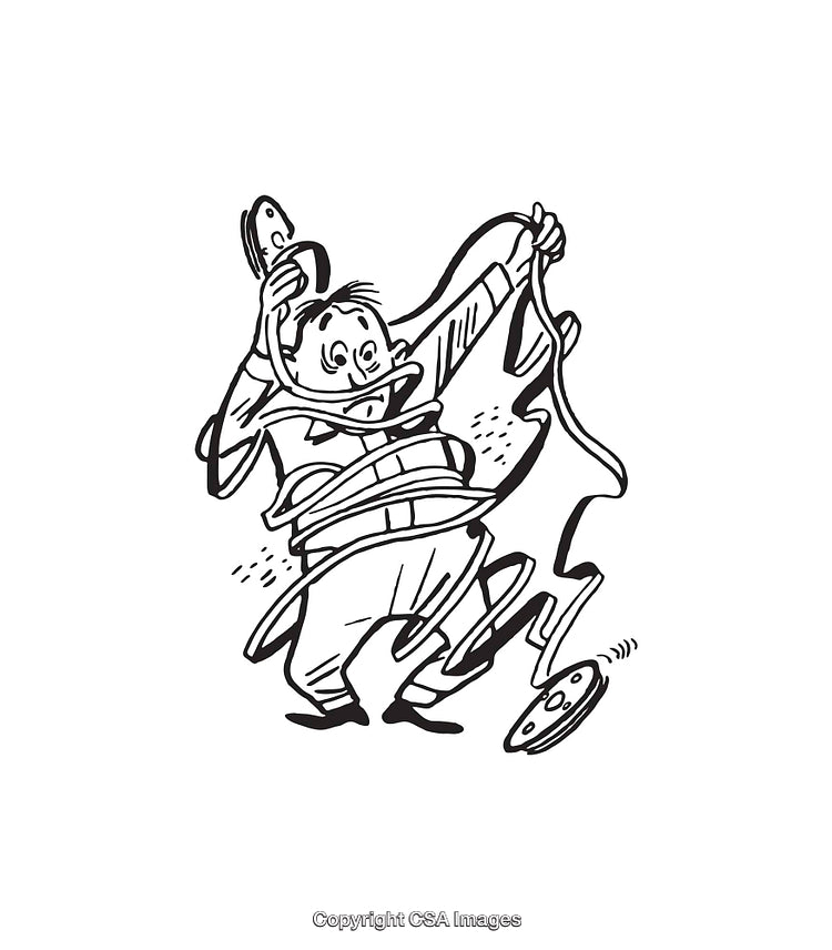 Playful Line Art of Man Tangled in Rope Holding Shoe