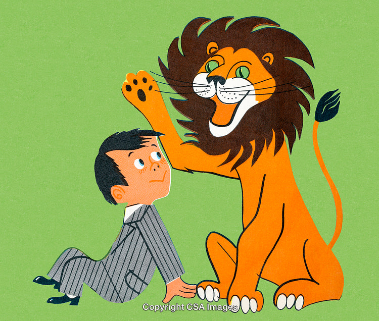 Child Interacting With a Friendly Cartoon Lion in Illustrative Style