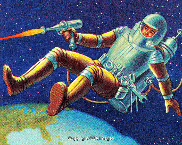 Retro Illustration of an Astronaut Floating in Space Above Earth
