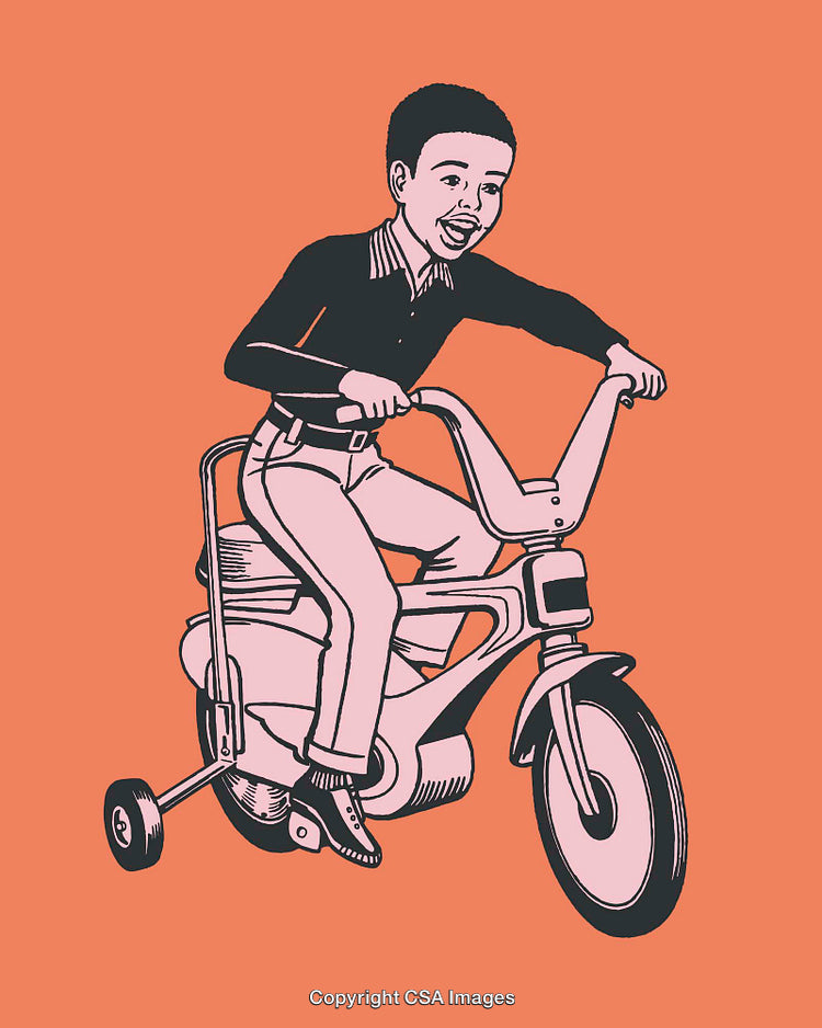 Illustration of Child Riding Retro Bicycle with Training Wheels on Coral Background
