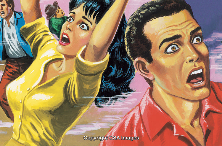 Retro Illustration of People Expressing Shock and Fear in Dramatic Scene