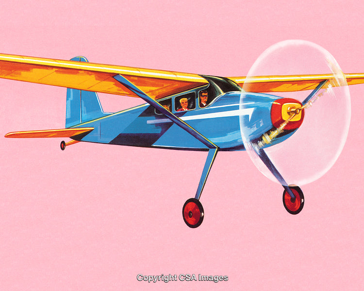 Vintage Illustration of a Small Airplane With Pilots on a Pink Background