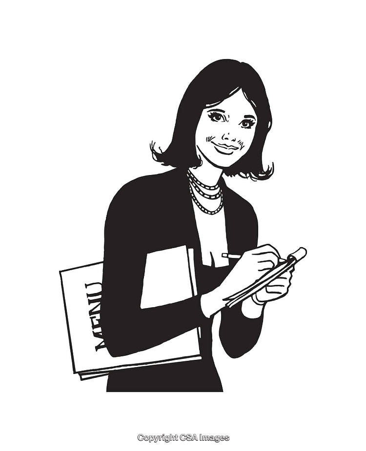 Black and White Waitress Portrayed Holding Menu and Writing Order