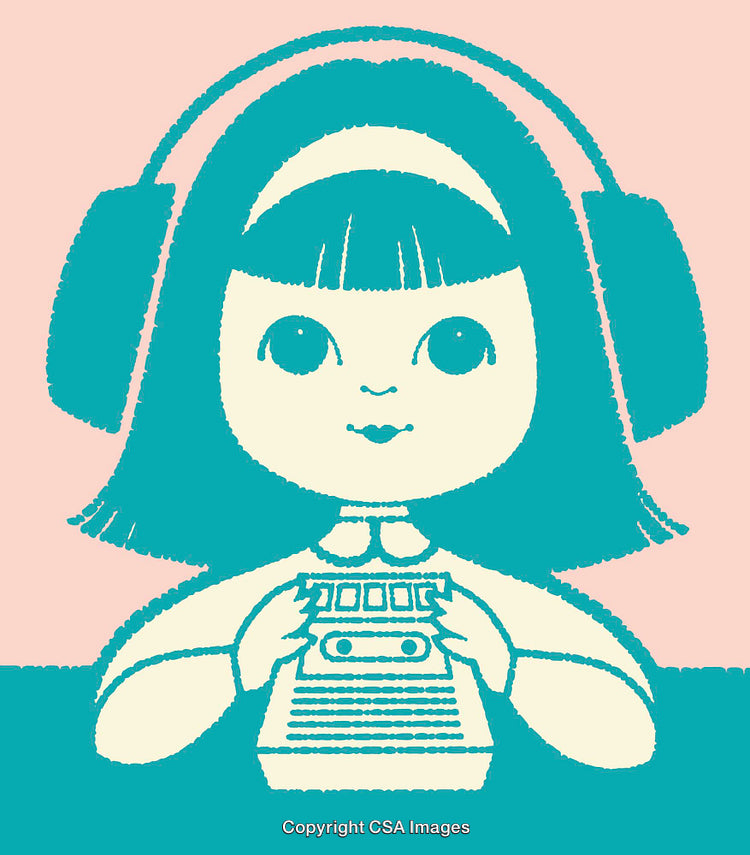 Cute Illustrated Girl Listening to Music While Holding a Cassette Tape