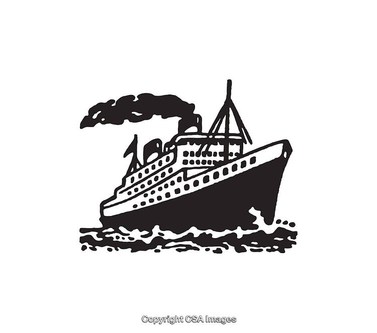 Vintage Black and White Line Art of a Cruise Ship on Waves