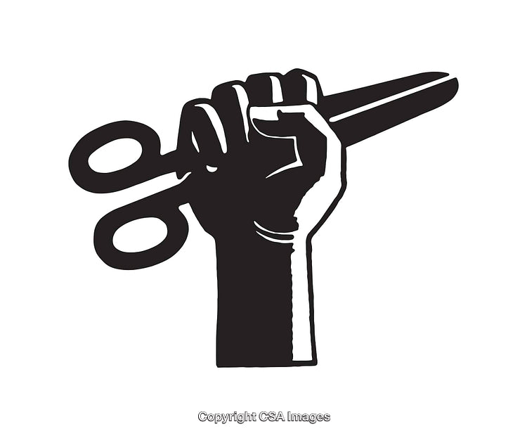 Black-and-White Illustration of a Hand Holding a Pair of Scissors