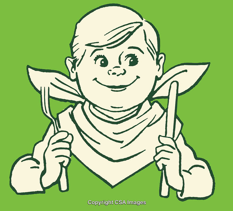 Cheerful Retro-Style Boy Illustration with Fork and Spoon on Green Background