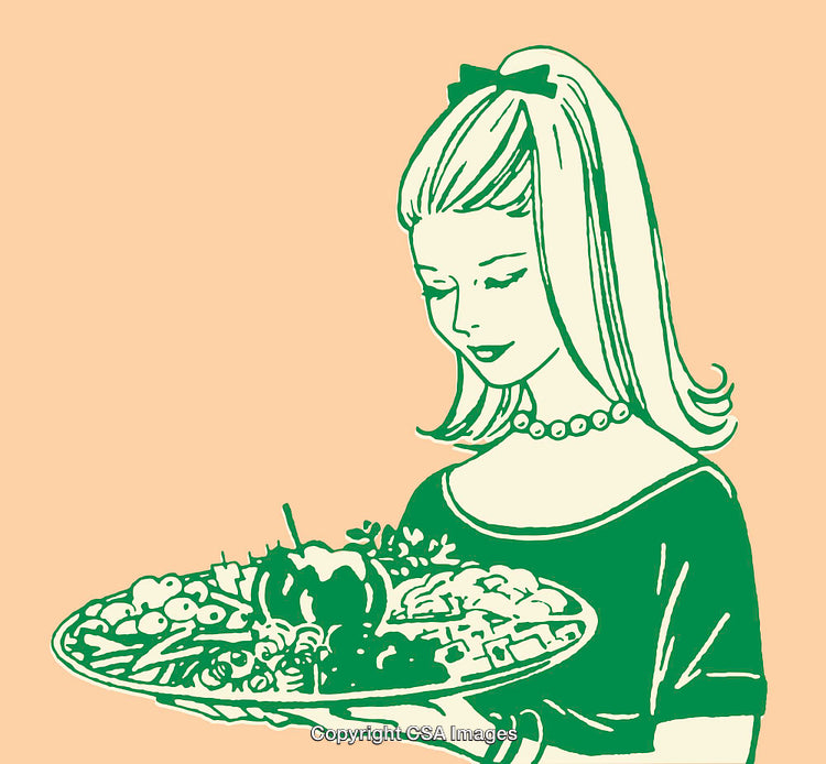 Woman Holding Tray of Food in Vintage Line Art Style