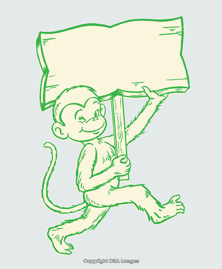 Cheerful Monkey Holding a Blank Sign in Playful Line Art Illustration