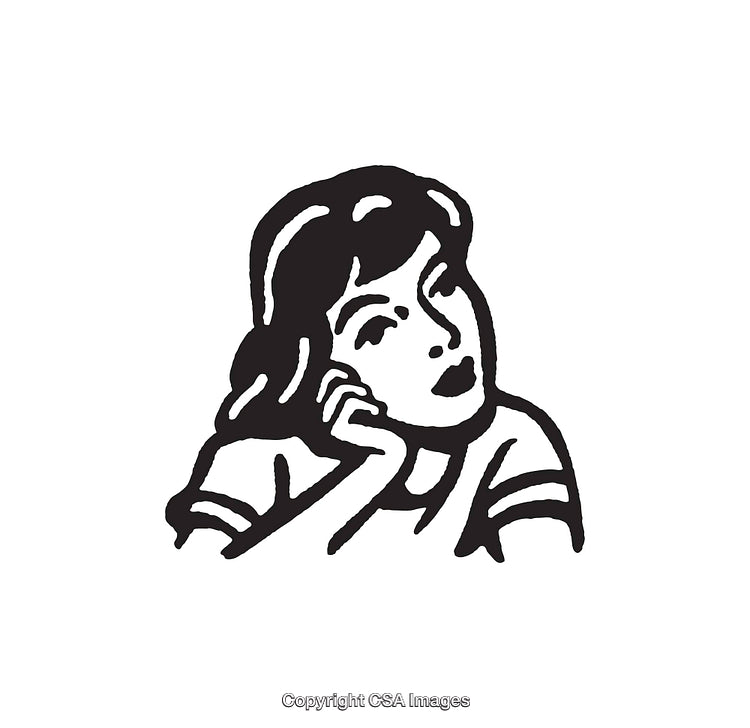 Retro Line Art Illustration of a Pensive Young Woman