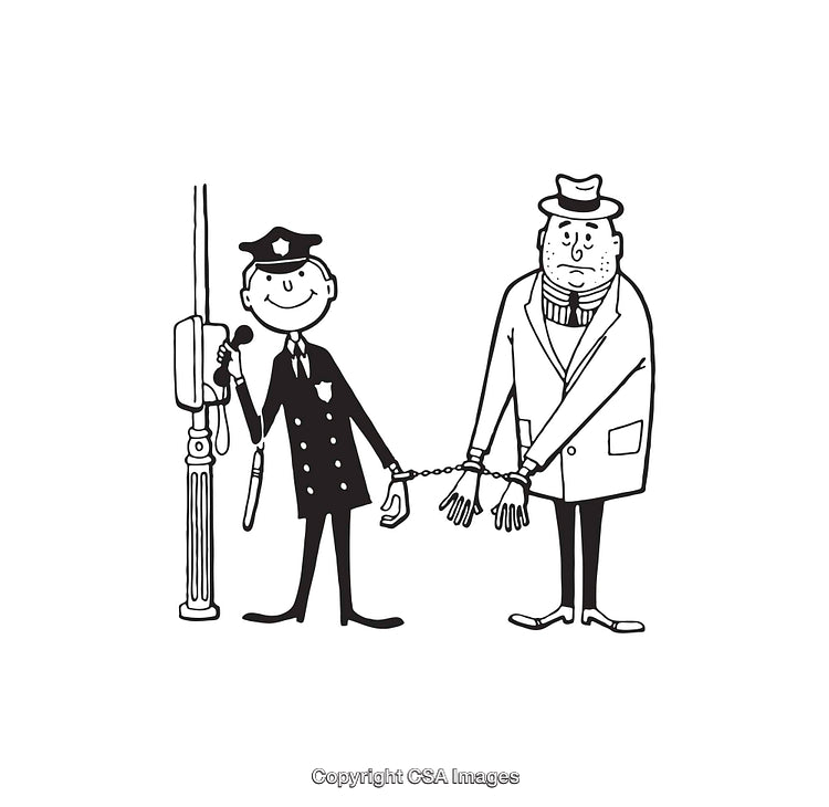 Black And White Line Art Illustration of Police Officer Arresting a Suspect