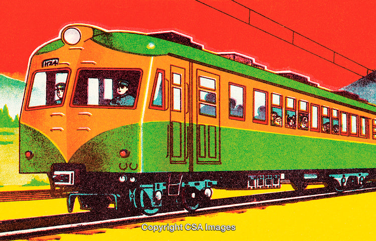 Vintage Train Illustration with Red Sky and Passengers Inside