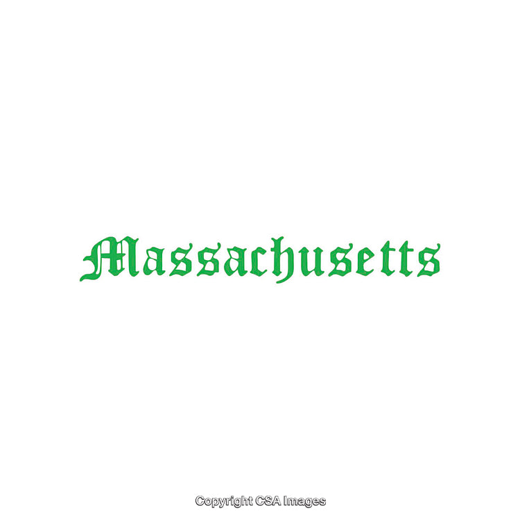 Massachusetts Text in Green on White Background, Ornate Calligraphy Format