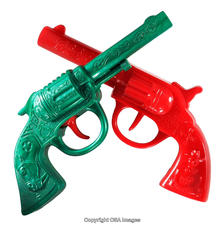 Red and Green Plastic Cowboy Style Toy Pistols Crossed