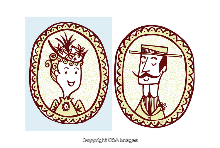 Vintage Style Cartoon Portraits of a Lady and a Gentleman in Frames
