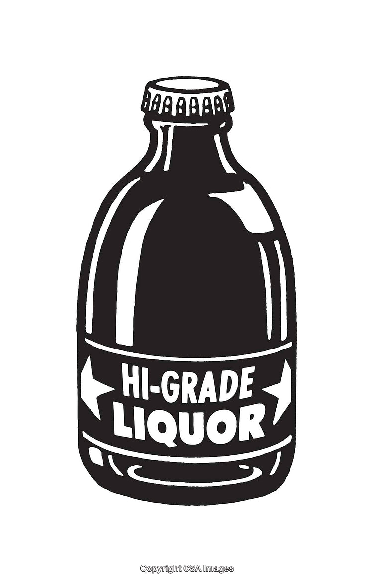 Black and White Illustration of a Liquor Bottle with Retro Design