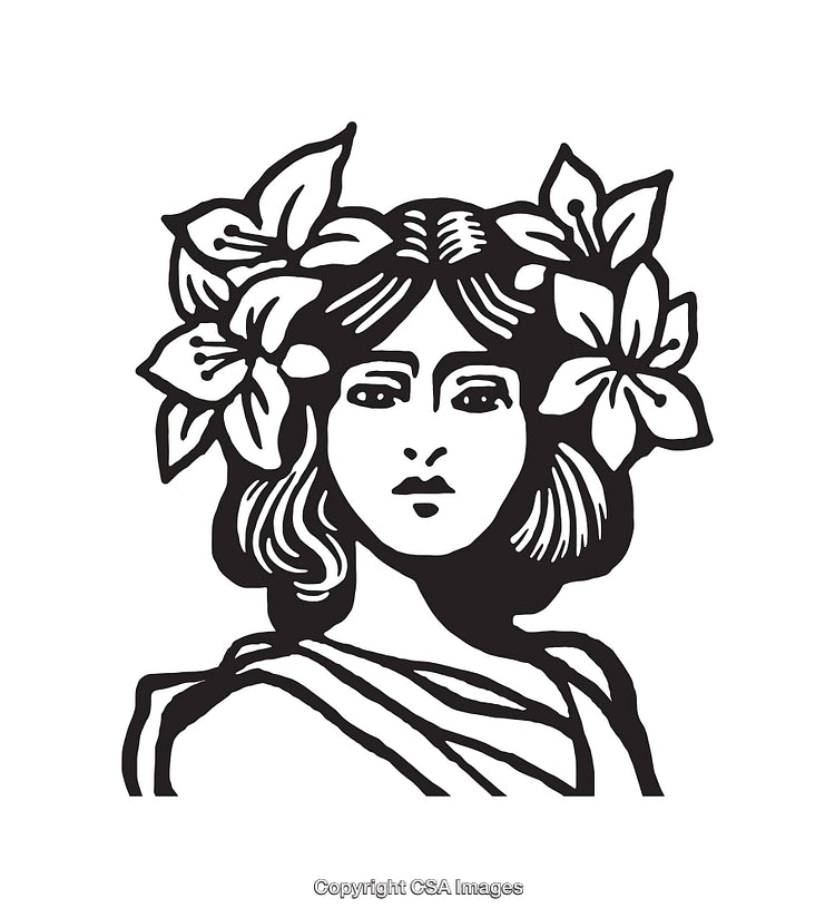 Black and White Line Art of Woman with Floral Headdress