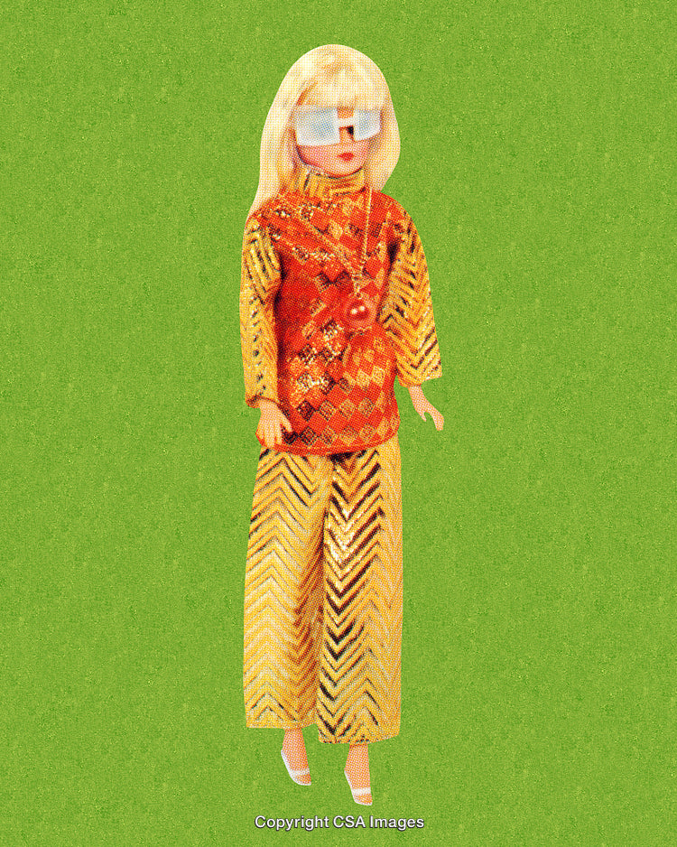 Stylized Vintage Blonde Doll Wearing Bright Outfit on Green Background