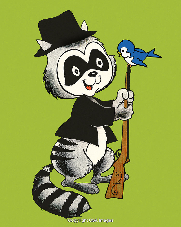 Cartoon Raccoon Dressed in a Suit with a Bird Sitting on a Rifle