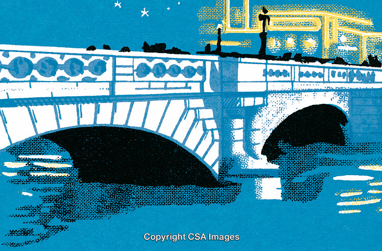 Illustrated Bridge Over Blue River With Reflected Light Under Starry Night