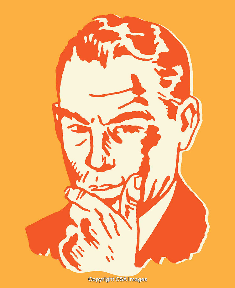 Thoughtful Retro Style Line Art Illustration on Orange Background