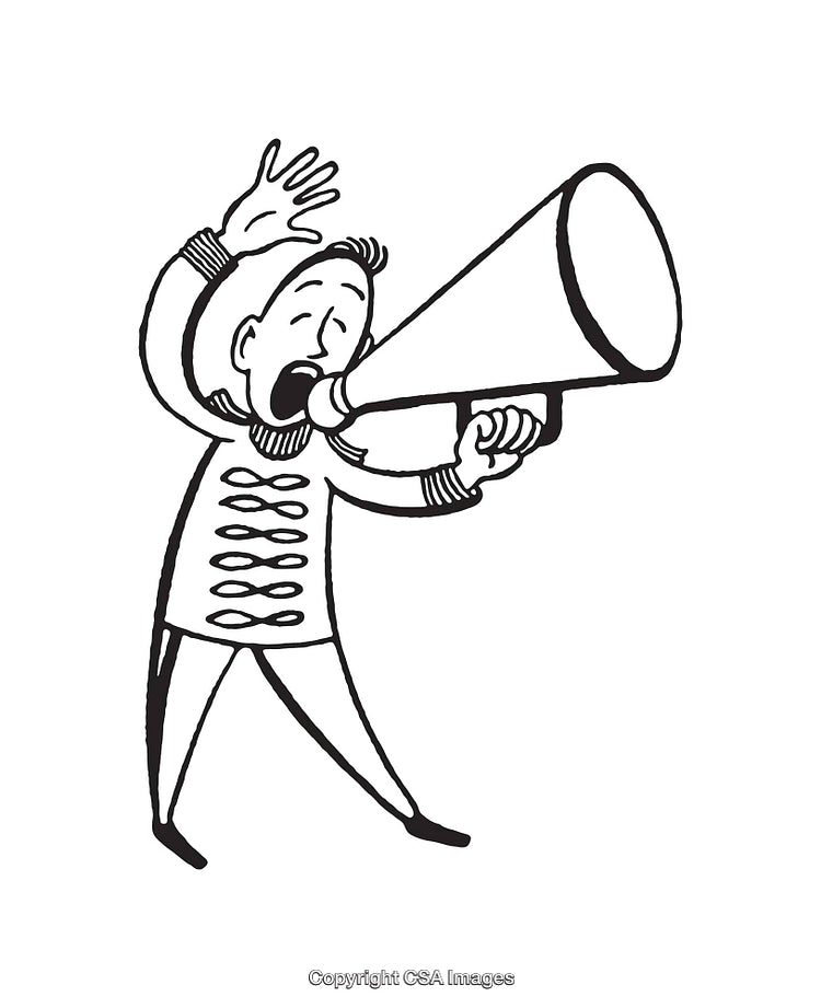 Black and White Line Art of a Person Shouting into a Megaphone