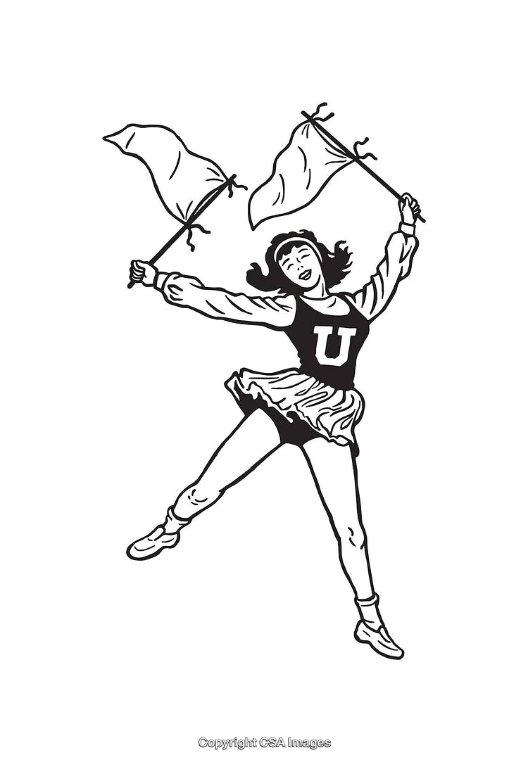 Black and White Illustration of Cheerleader Waving Flags Enthusiastically