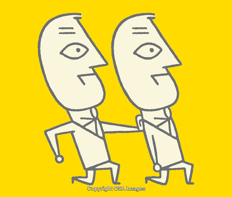 Two Individuals Hand in Hand Abstract Line Art on Yellow Background
