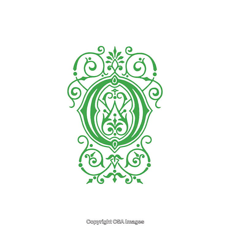 Ornate Green Monogram Design Featuring the Letter O With Intricate Details
