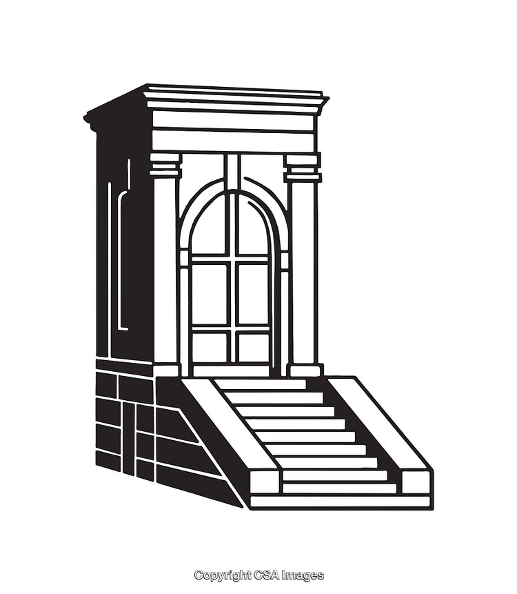 Black and White Line Art of Steps Leading to an Elegant Doorway