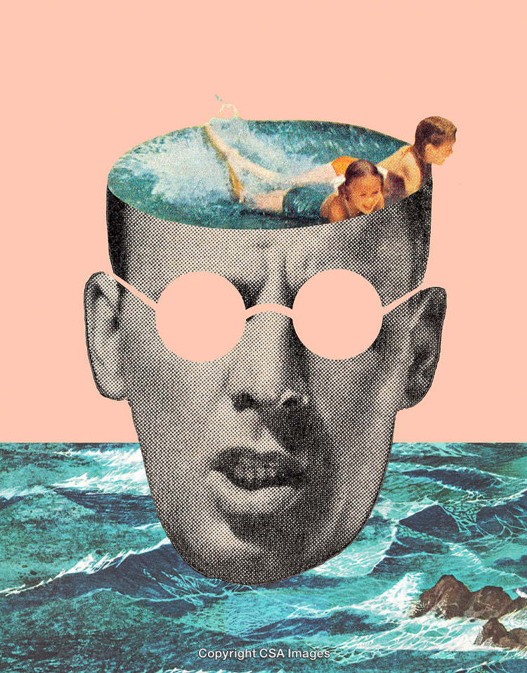 Surreal Collage with Swimmers in Head and Vintage Ocean Scene