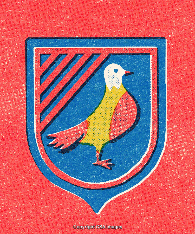 Vintage Illustration of Bird Emblem Over Textured Red Background