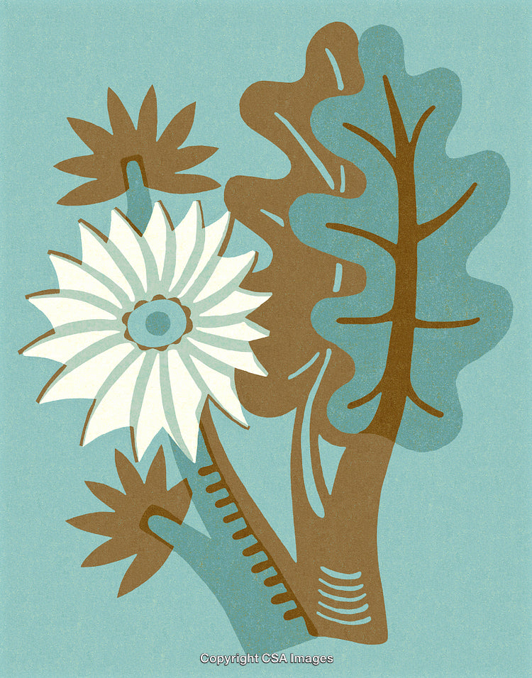 Stylized Retro Floral Art Featuring White Bloom and Abstract Leaves