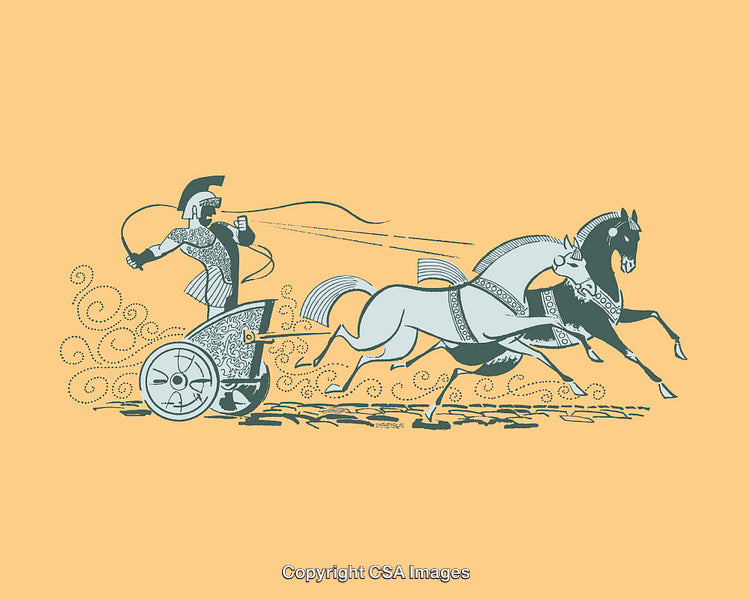 Ancient Greek Chariot Illustration with Decorative Elements and Dynamic Motion