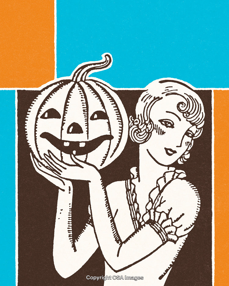 Vintage Jack-O'-Lantern Illustration Featuring Woman with Pumpkin and Colorful Background