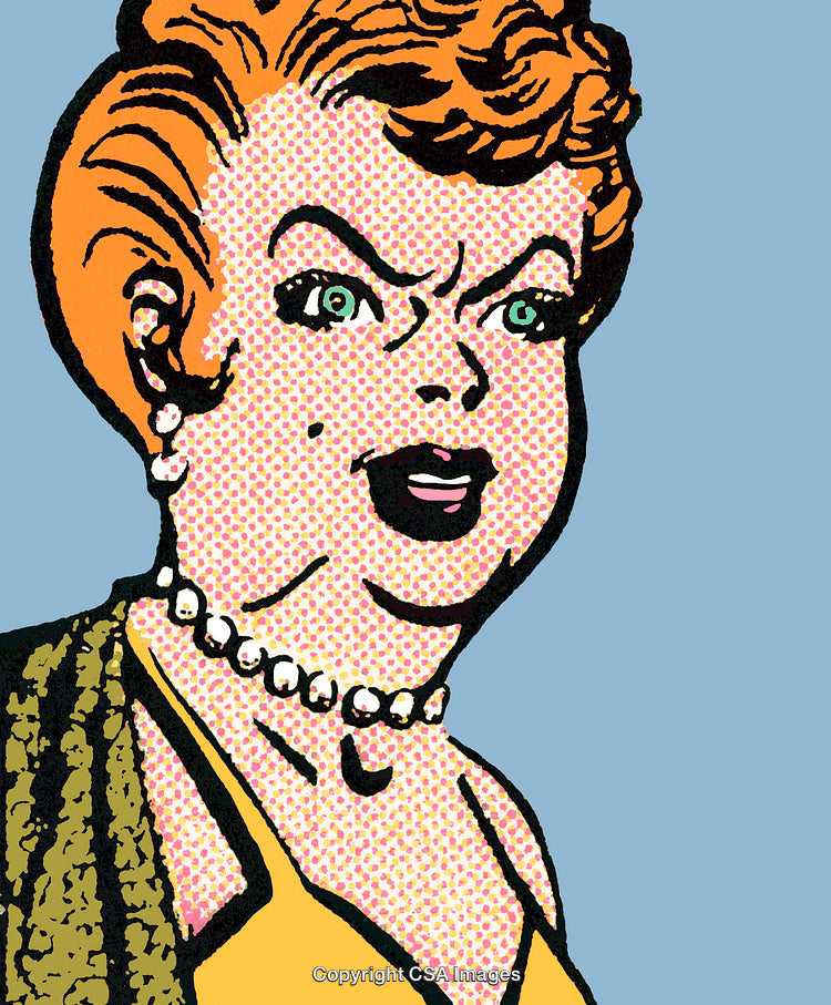 Retro Comic Illustration of Female Expression in Vibrant Style on Blue Background