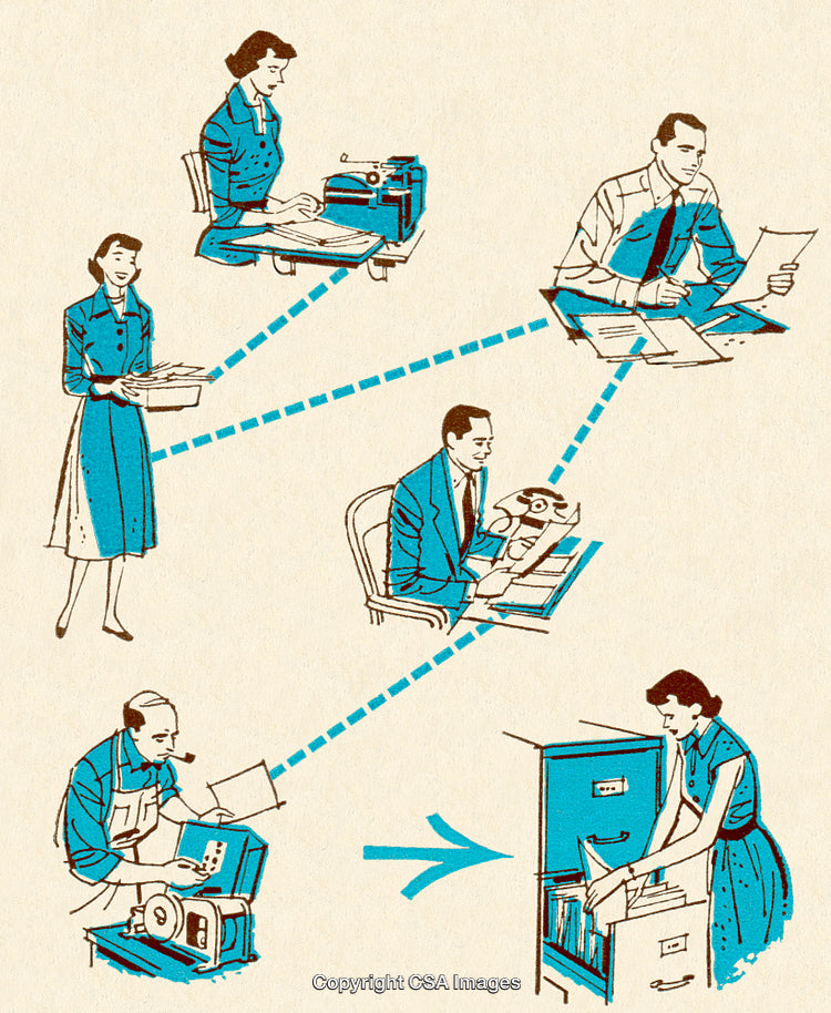 Retro Illustration of Office Workflow and Document Processing Collaboration