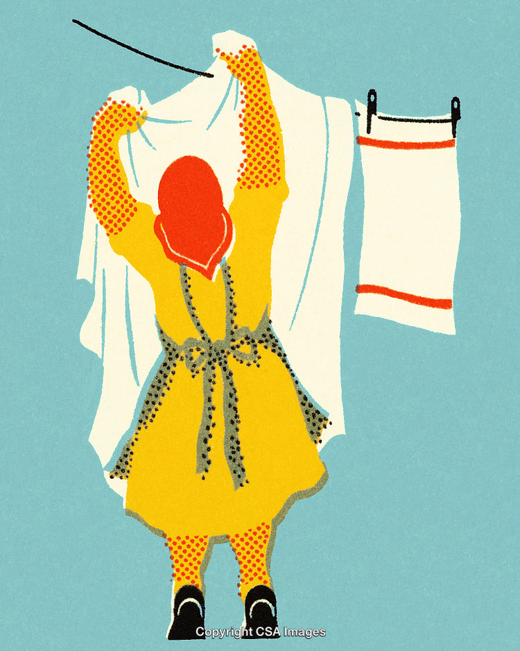 Retro Illustration of Woman Hanging Laundry on a Clothesline