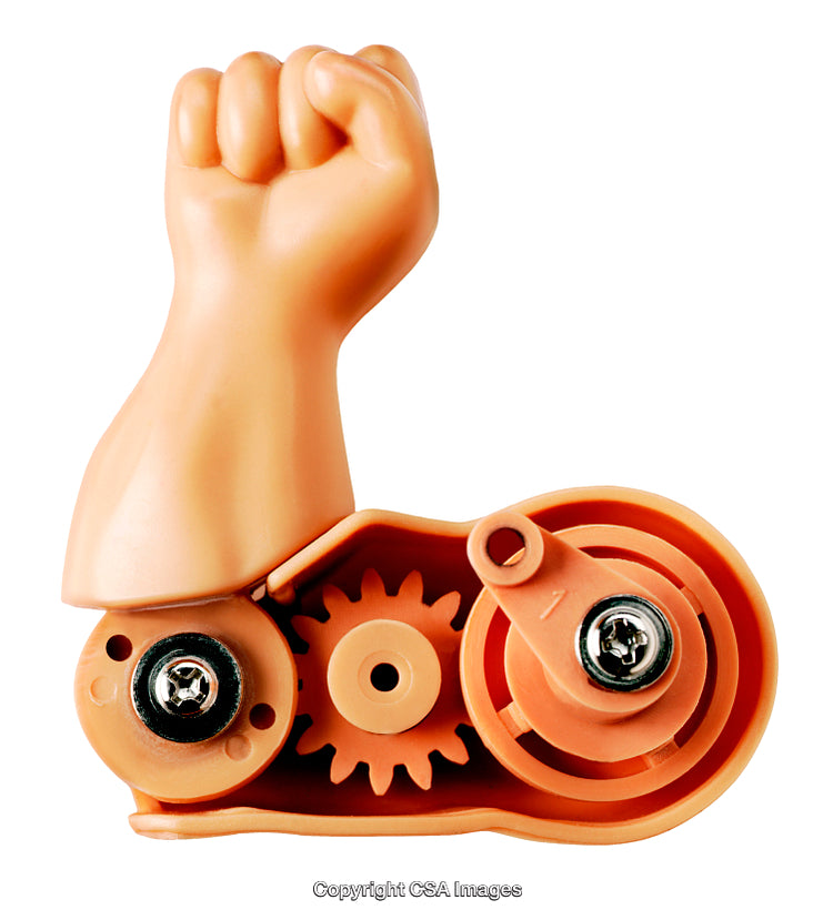 Plastic Fist Toy With Visible Gear Mechanism on White Background
