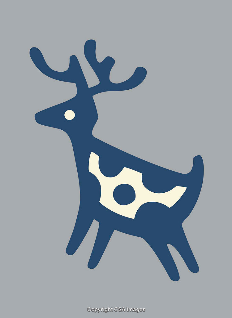 Stylized Blue Deer Illustration with Abstract Shapes on Gray Background