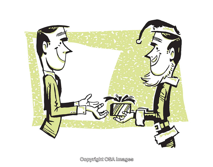 Cartoon Illustration of Gift Exchange Between Two Characters in Holiday Attire
