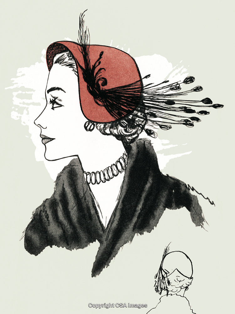 Elegant Vintage Illustration of Woman in Red Hat and Black Coat Artwork