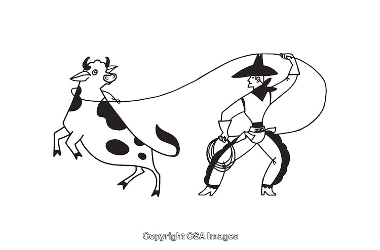Black and White Line Art Illustration of a Cowboy Roping a Cow