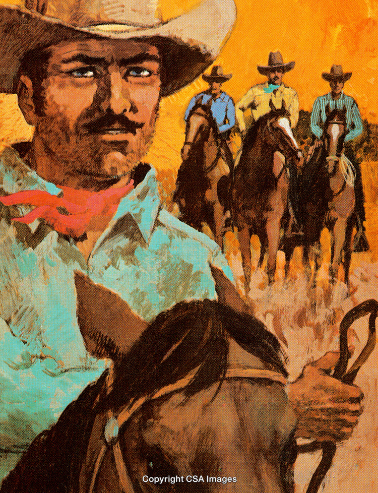 Cowboys Riding Through Desert Landscape in Colorful Painted Illustration Artwork