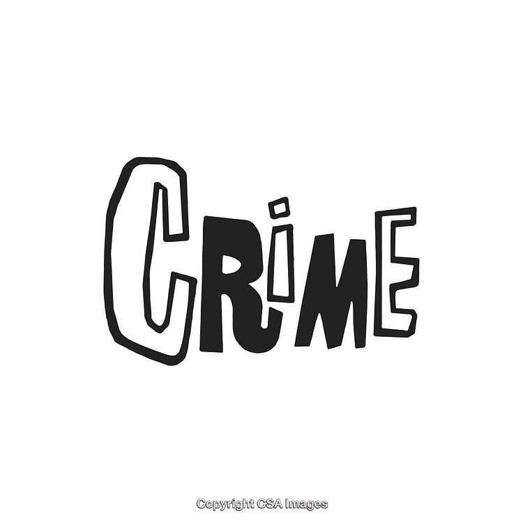 Monochrome Cartoon Text Illustration Depicting the Word Crime in Bold Letters