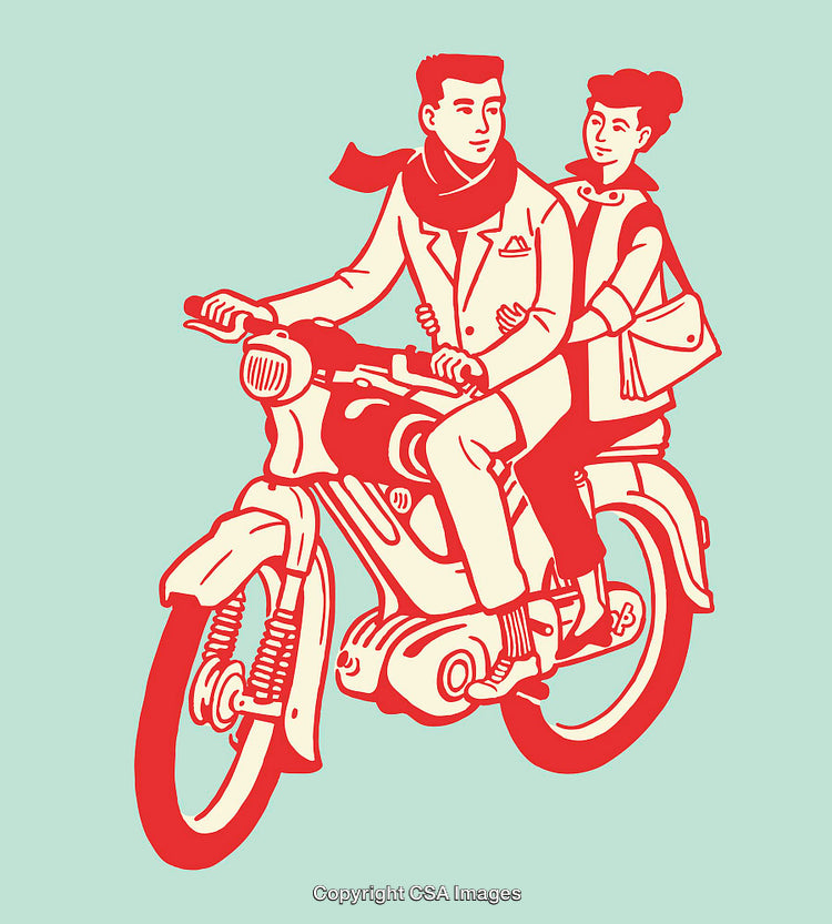 Vintage Styled Line Art of a Couple Riding a Classic Motorcycle