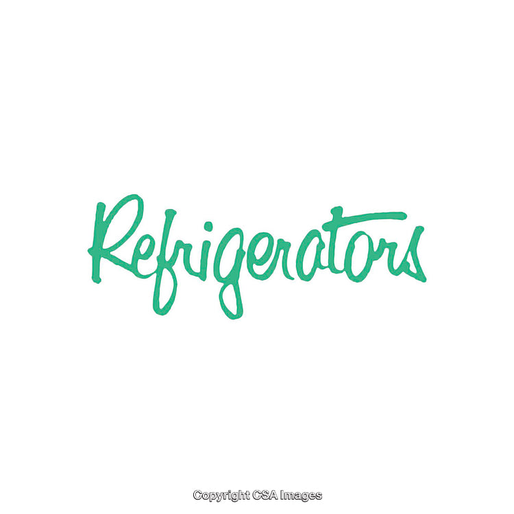 Modern Green Script Typography Spelling Refrigerators on White Background