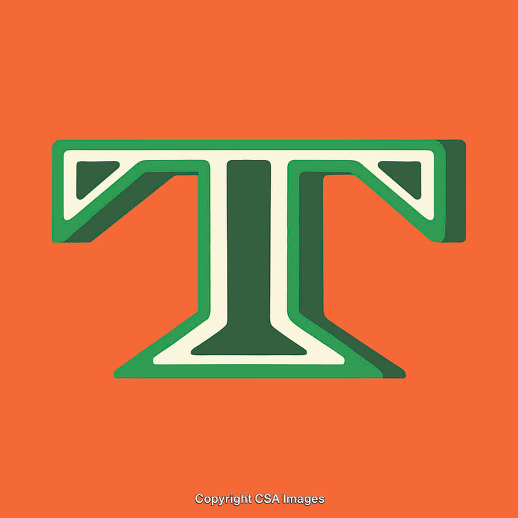 Stylized Green Letter T on an Orange Background in Bold Design