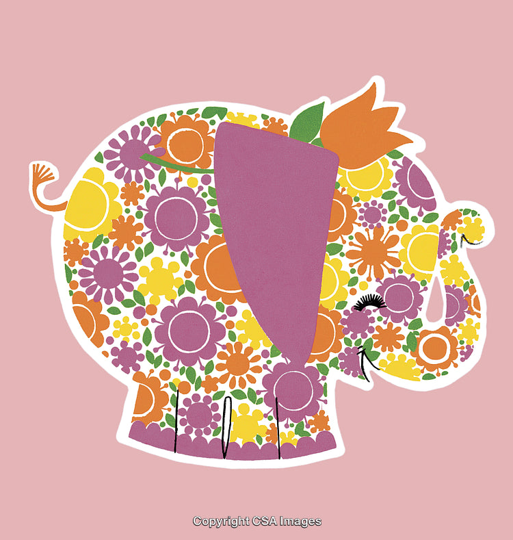 Playful Elephant Illustration with Floral Patterns on Pink Background