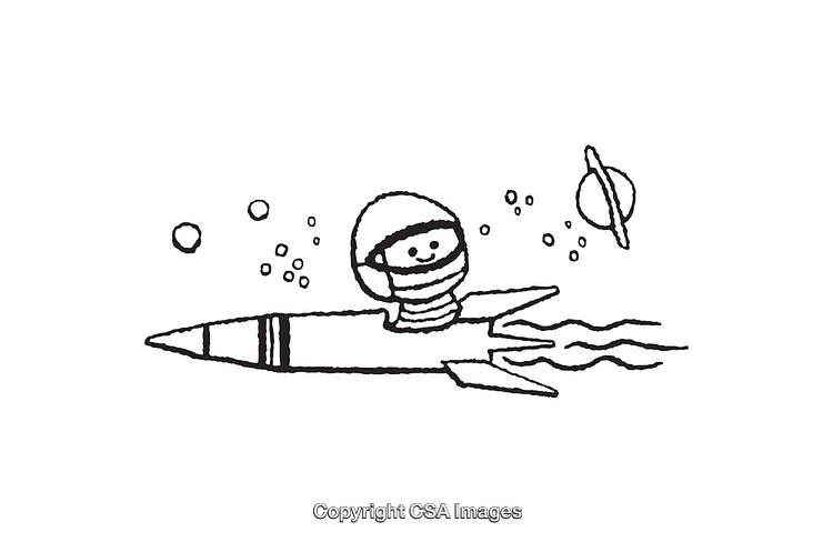 Cute Astronaut Riding Rocket in Line Art Illustration